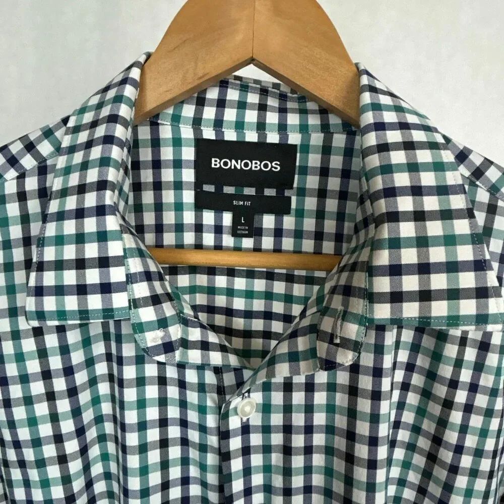 Bonobos Slim Fit Button Front Shirt Mens Sz Large Navy Blue Green White Plaid Lo - Picture 2 of 7